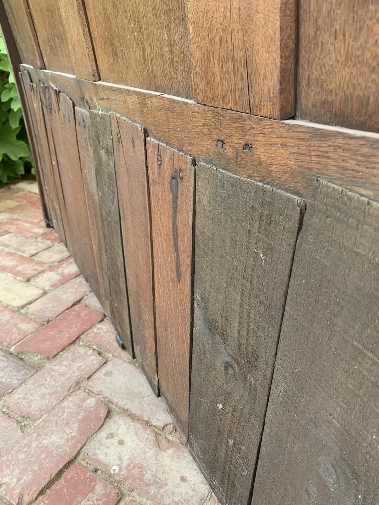 Riven oak back boards rose-head nails 17th century English provincial box settle construction detail