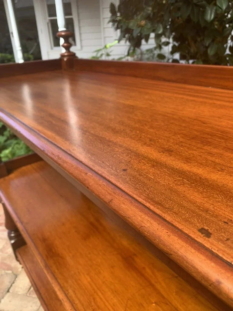 Figured Australian red cedar shelf grain, antique dumb waiter C.1870, original surface, Victorian Colonial three-tier serving stand