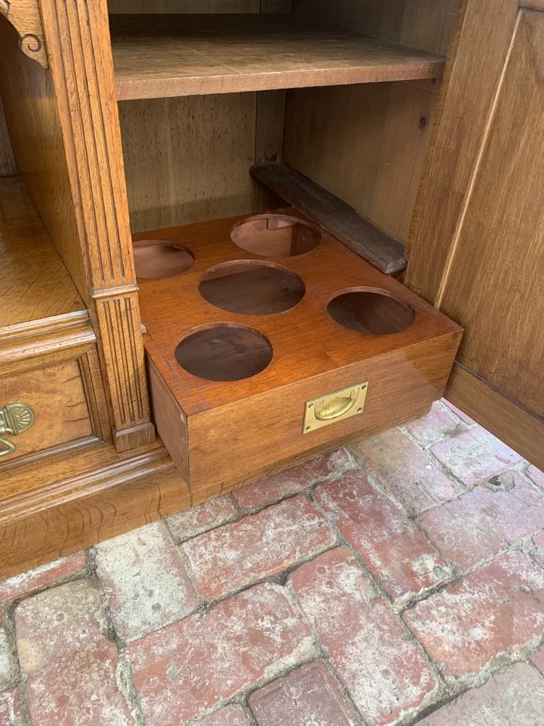 Original oak pull-out bottle drawer, five apertures, Victorian pollard oak sideboard c.1890, brass recessed handle