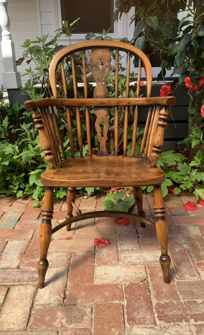Antique English Windsor Armchair, Elm Seat, C.1850, Low Hoop Back, Pierced Splat, Crinoline Stretcher