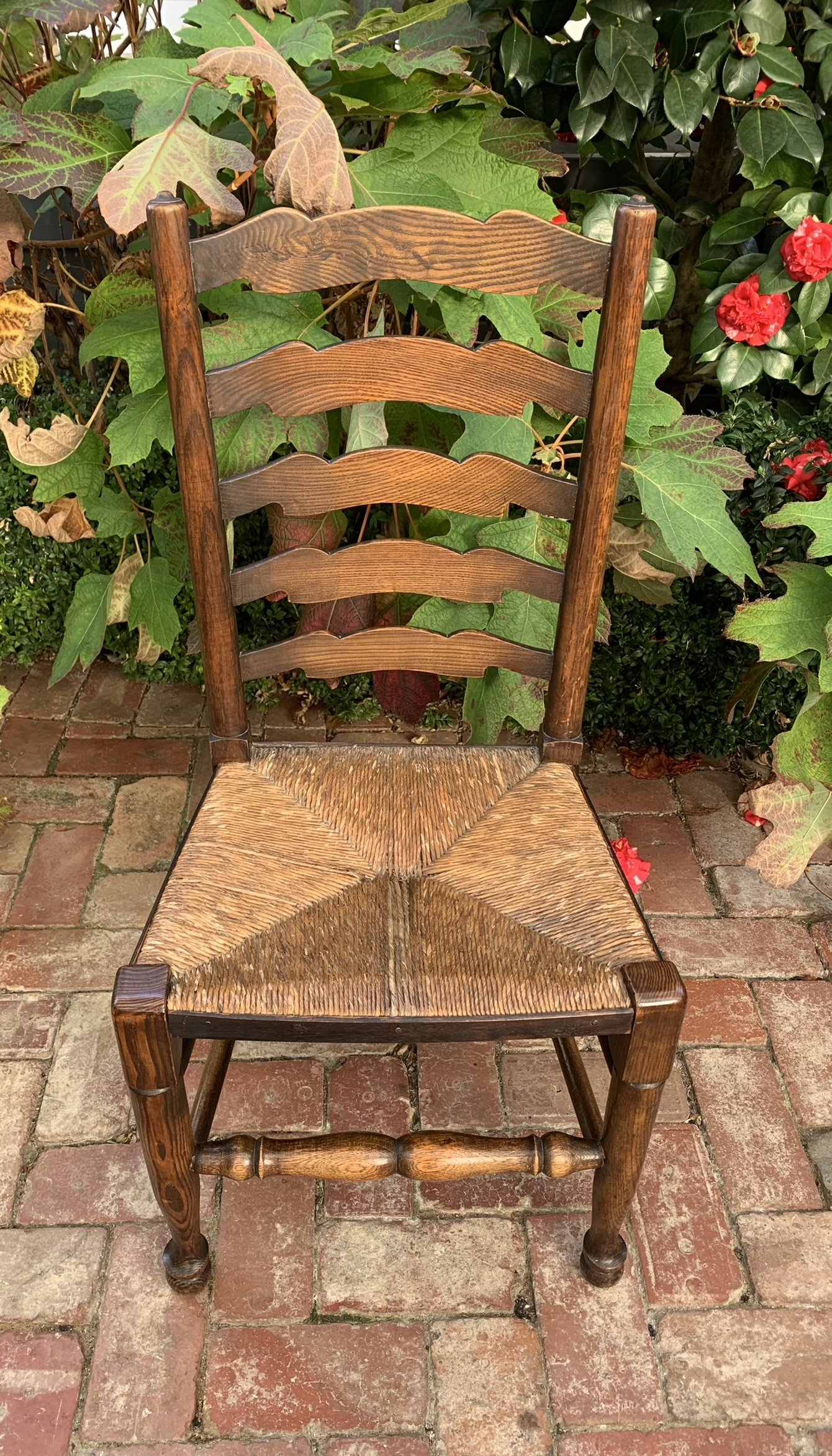 English oak and ash ladderback side chair, scalloped rails and rush seat, Victorian c.1850