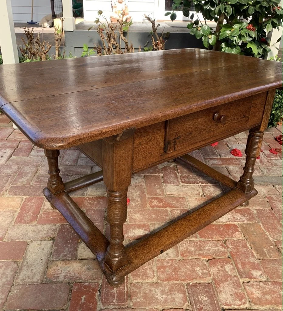 French Oak Tavern Table with single drawer, turned legs and box stretcher