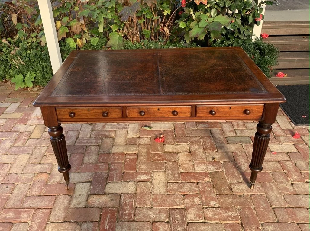 Antique mahogany library table front elevation six-drawer leather top Victorian c.1850