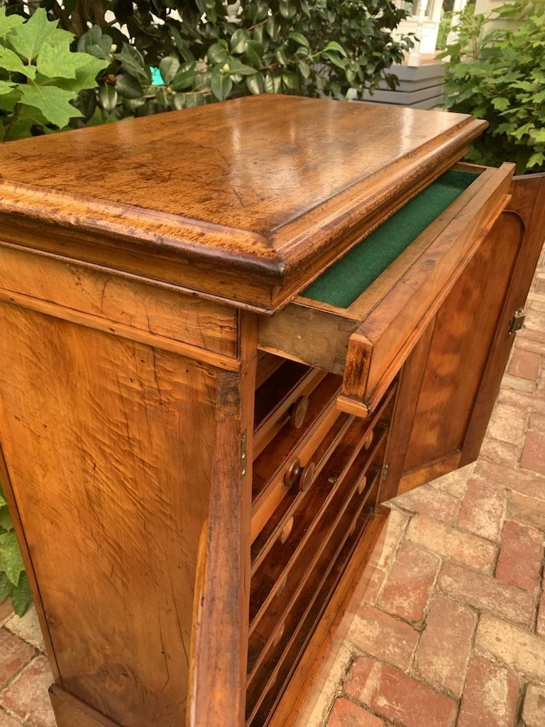 Victorian collector's cabinet concealed top drawer open revealing green baize lining, cedar carcase, 19th century