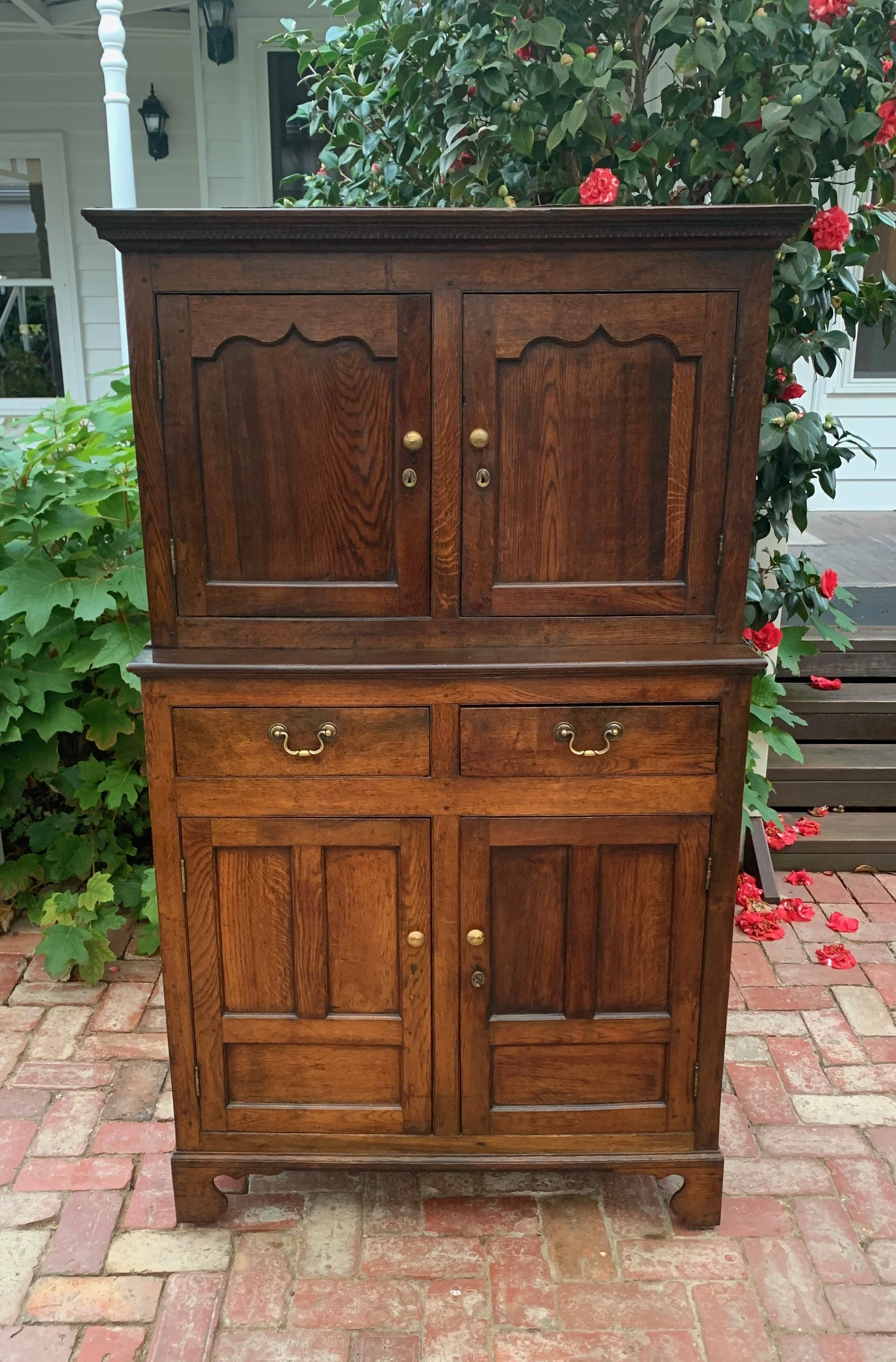 Antique Welsh oak dresser cupboard, cwpwrdd deuddarn with fielded panel doors, brass handles and bracket feet, straight-on view