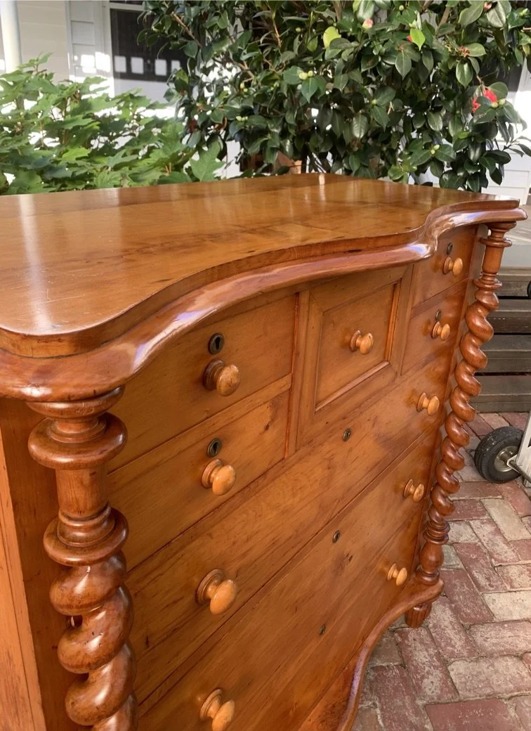 Detail barley-twist columns shaped moulded top Huon pine Colonial chest of drawers c.1860–1880