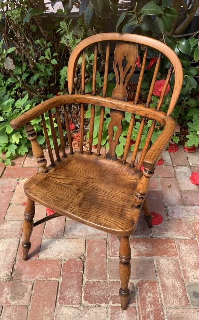 Antique English Windsor Armchair, Elm Seat, C.1850, Low Hoop Back, Pierced Splat, Crinoline Stretcher