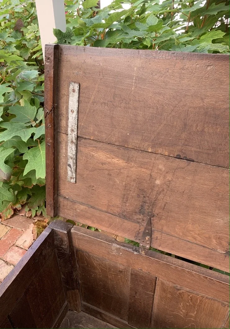 Oak coffer lid underside c.1660 iron strap hinge steel reinforcing repair two-plank construction