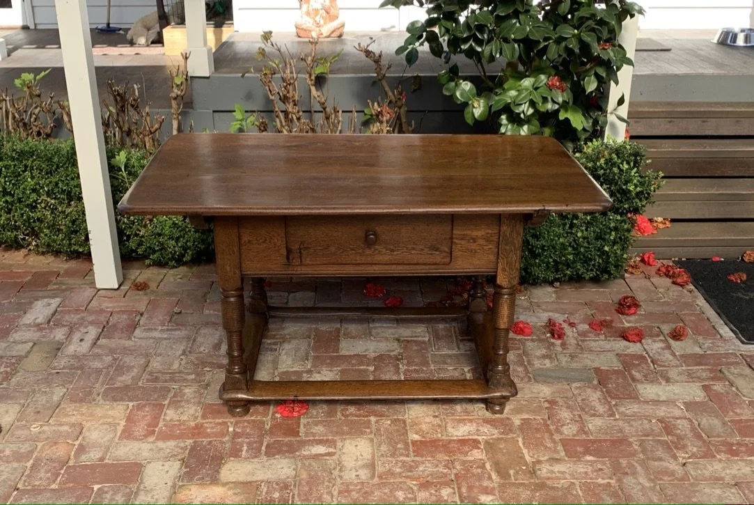 French Oak Tavern Table with single drawer, turned legs and box stretcher