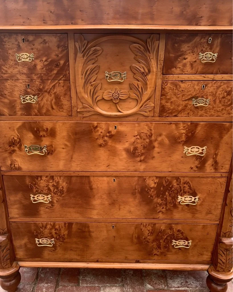 Birdseye Huon pine chest of drawers central carved medallion brass ring handles