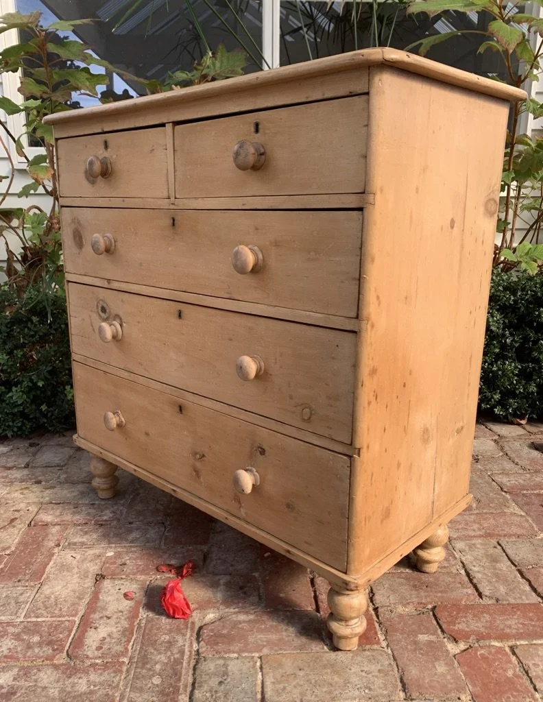 Antique pine chest of drawers Victorian era side view turned bun feet pale pine patina