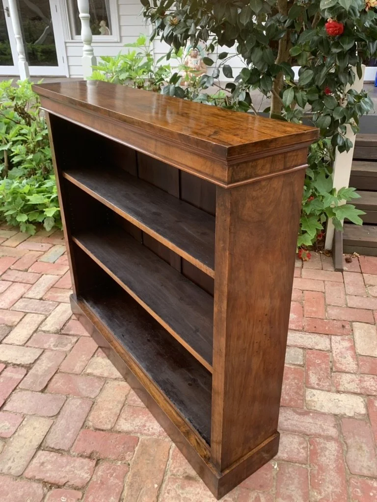 Victorian Walnut Open Bookcase C.1870, Antique Dwarf Bookcase with Moulded Cornice, Plinth Base and Adjustable Shelves