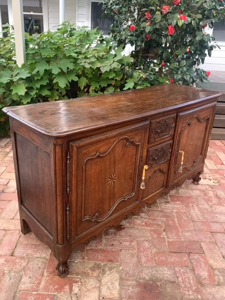 Antique French oak buffet à deux portes, 18th century Breton sideboard, angled three-quarter view