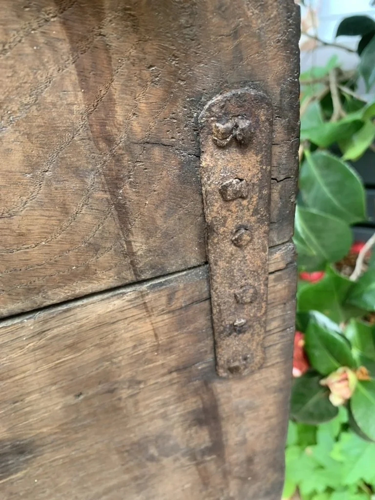 Ancient cleat repair on antique oak coffer C.1680-1720, early English oak blanket chest with old repairs