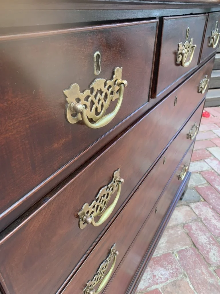 Pierced brass batwing handles on antique George III mahogany chest of drawers, Georgian C.1780-1800 drawer pulls