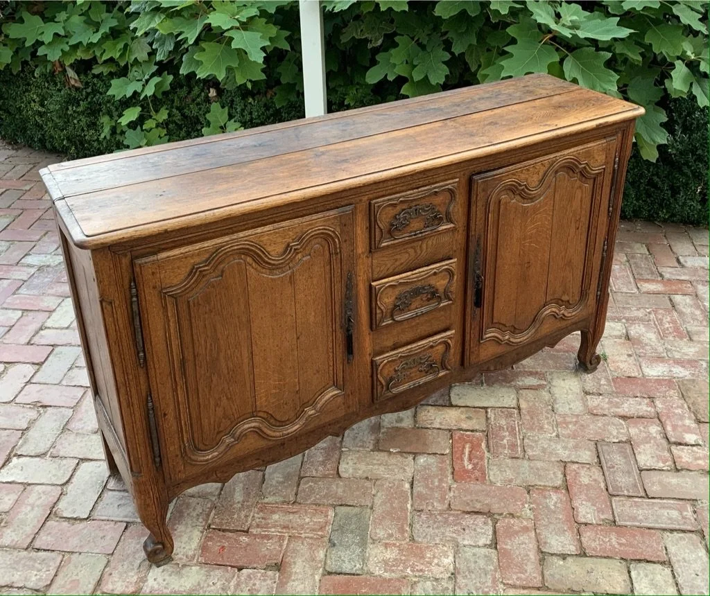 Antique French provincial oak buffet enfilade, side view showing depth and turned column details