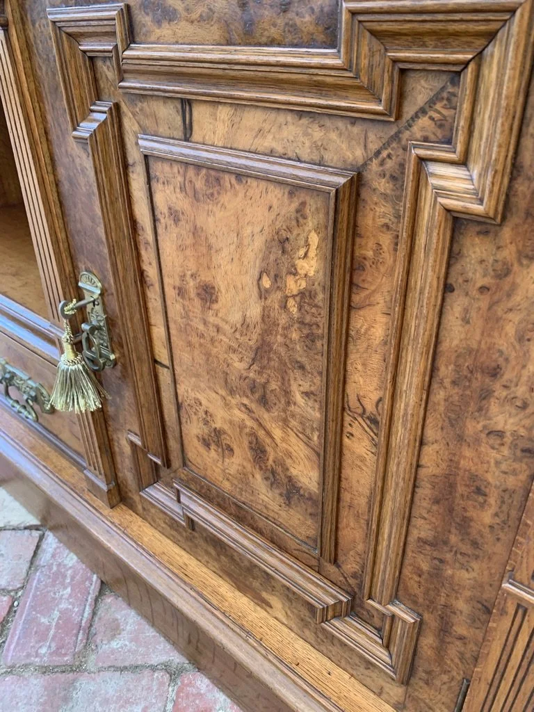 Pollard oak door panel detail, Victorian sideboard c.1890, moulded frame, burr figuring, original brass lock and tassel key