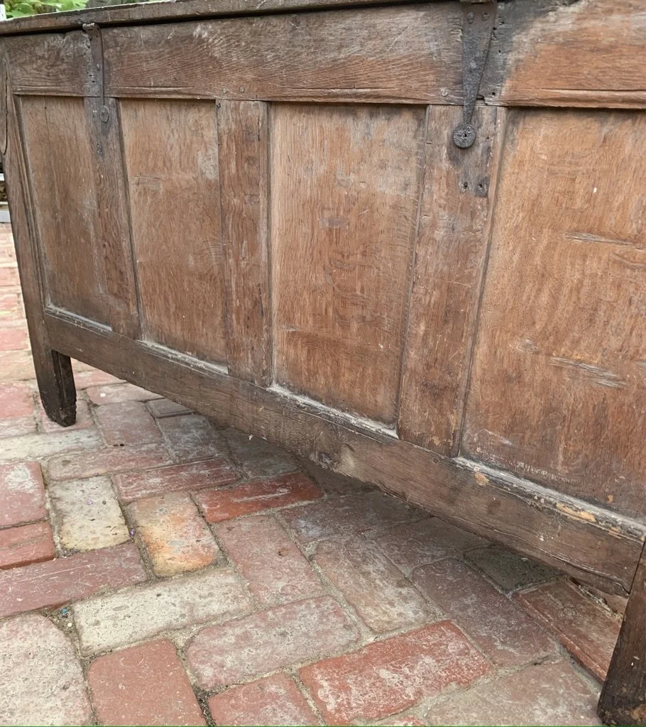 English oak coffer back plain three-panel construction pegged frame c.1660 iron strap hinge age wear