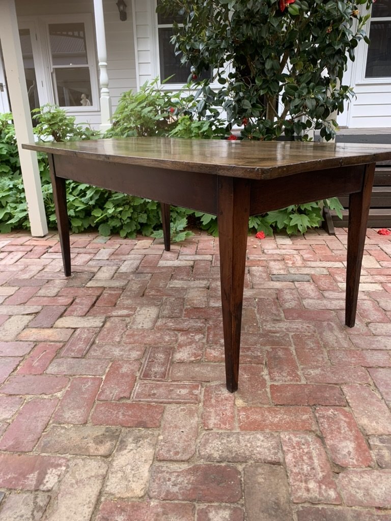 French Provincial Kitchen Table C.1840-1880, Antique Fruitwood Frieze and Tapered Legs, Rustic Country Dining Table