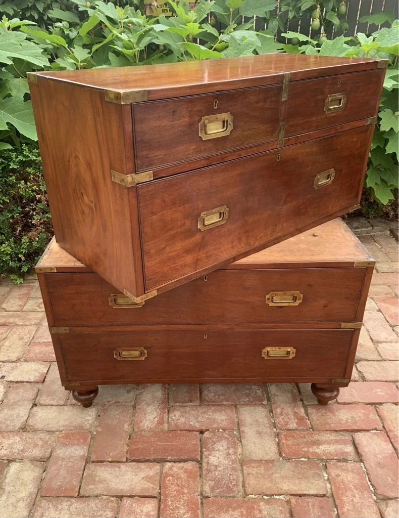 Victorian campaign chest two-section construction separated mahogany brass fittings c.1890