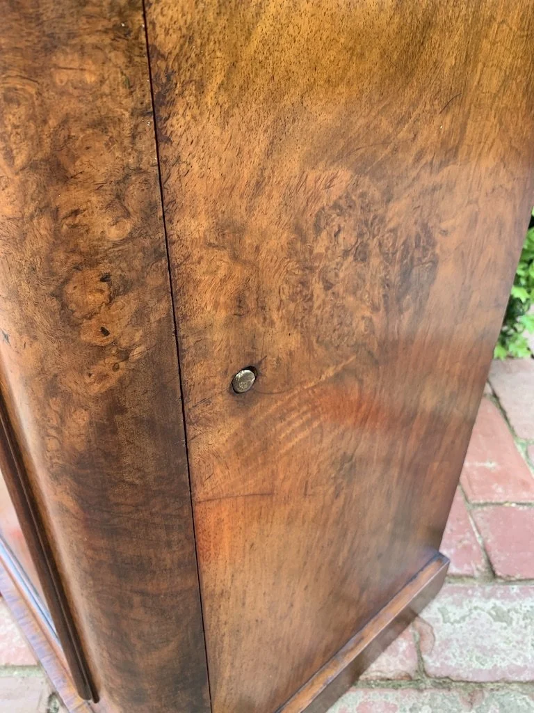 Close-up of burr walnut figuring and original push-button door latch on antique Victorian pot cupboard