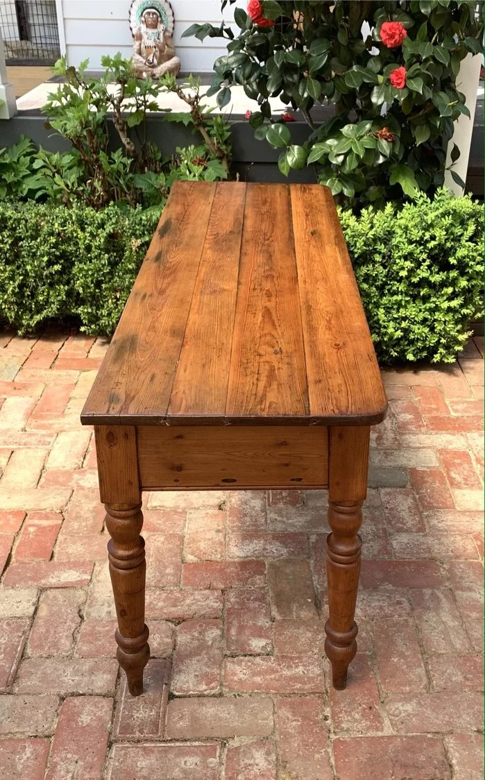 side view of antique country pine console table