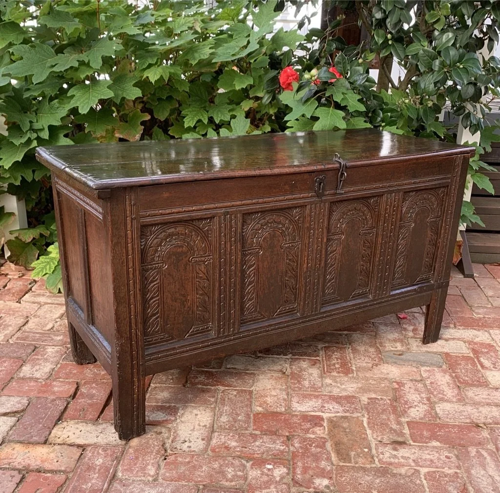 Early English oak coffer c.1660 four-panel carved arcaded front iron hasp snipe-bill staple, dark patina