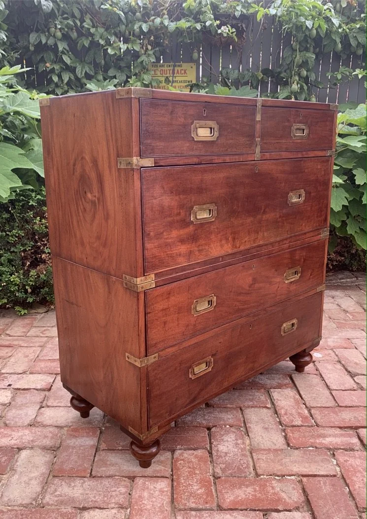 Victorian mahogany campaign chest of drawers brass corner fittings five drawers c.1890 front three-quarter view
