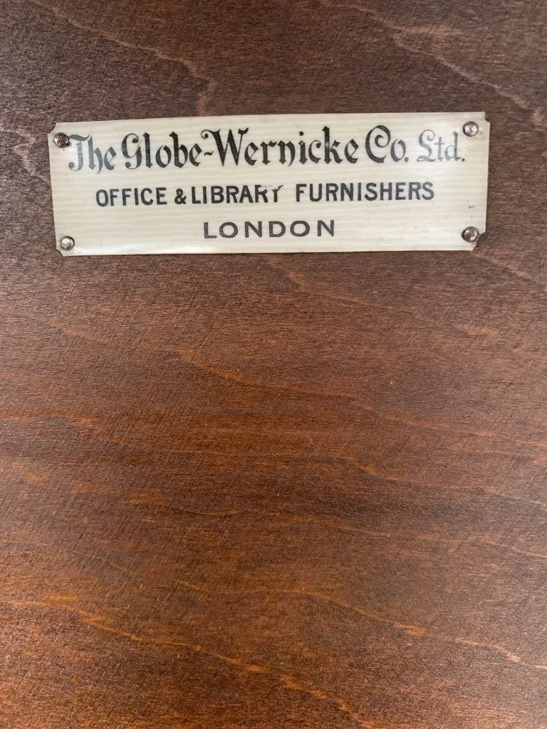 The Globe-Wernicke Co. Ltd London maker's label, antique English oak barrister bookcase, office and library furnishers c.1910