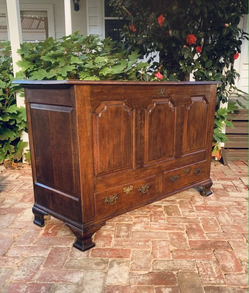 Late Georgian Welsh oak mule chest three-panel front ogee mouldings brass hardware