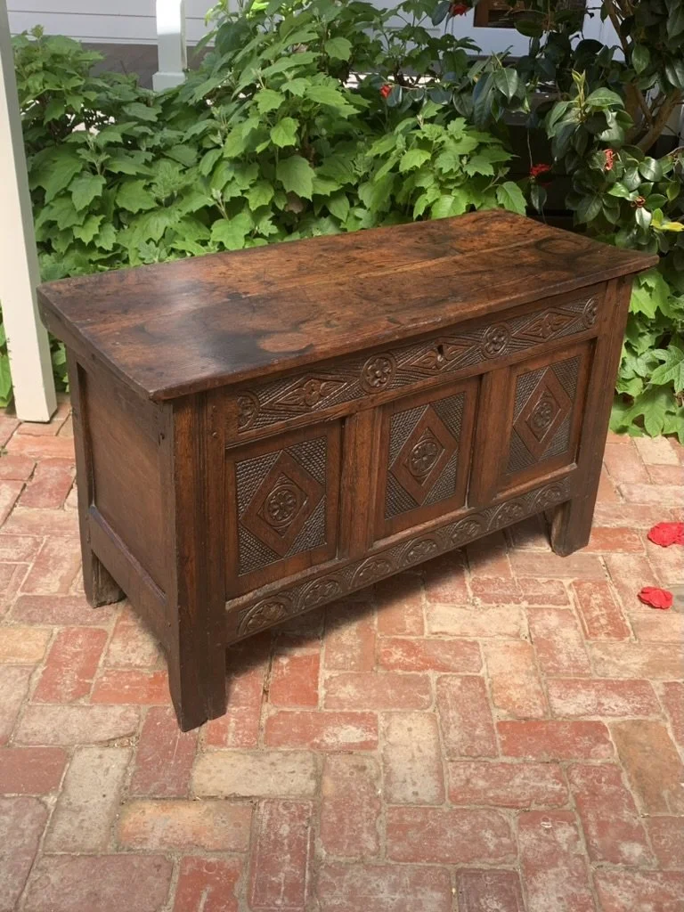 Antique Oak Blanket Chest C.1680-1720, Carved Lozenge Panel Front, Stile Feet, Northern England 17th Century Coffer