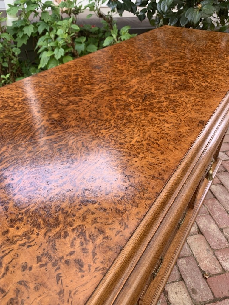 Pollard oak veneer sideboard top c.1890, swirling burr figuring with dark eyes, moulded edge, Victorian England