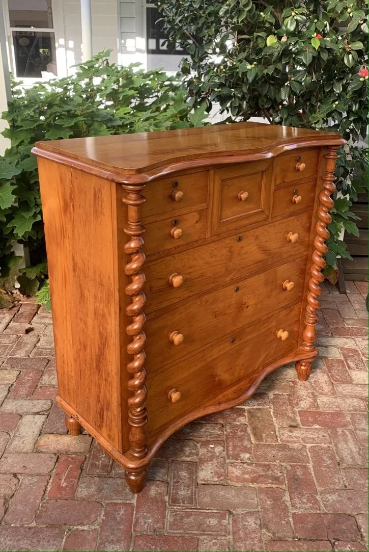 Colonial Huon pine chest barley-twist corner columns shaped serpentine top Australian antique