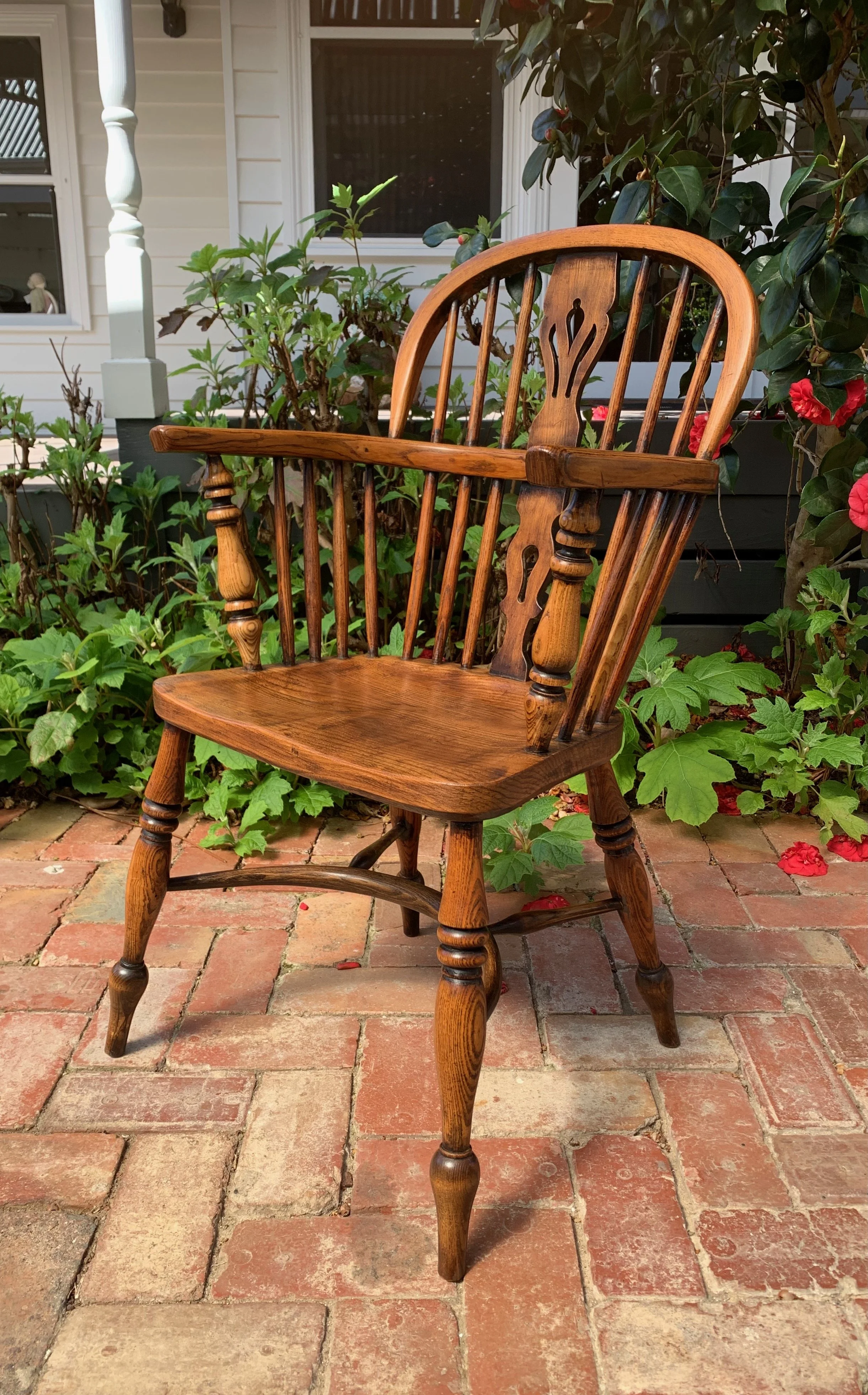 Mid 19th Century English Windsor Armchair, Elm and Ash, Low Back, Crinoline Stretcher, C.1850