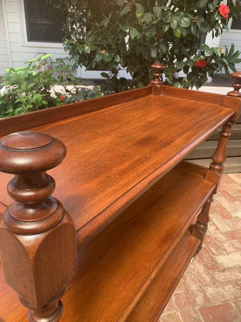 Turned finial on antique Australian cedar dumb waiter C.1870, Victorian Colonial serving stand, solid red cedar, original patina
