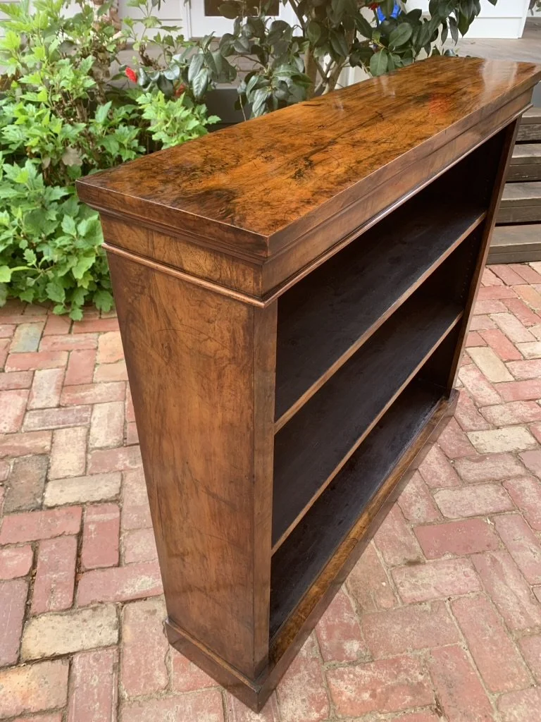 Figured Walnut Grain and Original Patina, Victorian Open Bookcase C.1870, Antique Library Bookcase, Shoolbred London