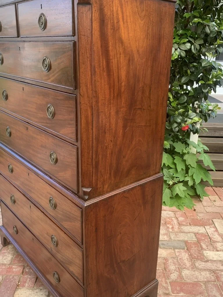 Figured mahogany side panel of Georgian chest on chest, C.1790-1810, antique tallboy with moulded waist and bracket foot