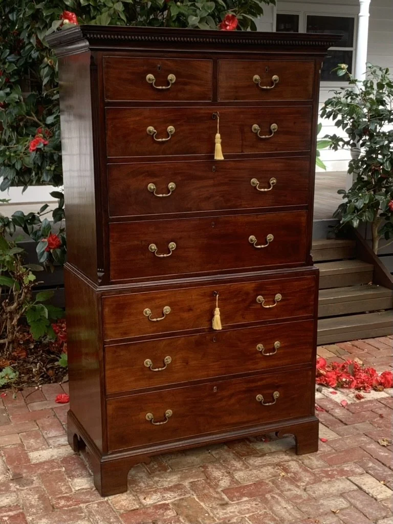 Full view George III mahogany chest-on-chest, C.1780, brass swan-neck handles