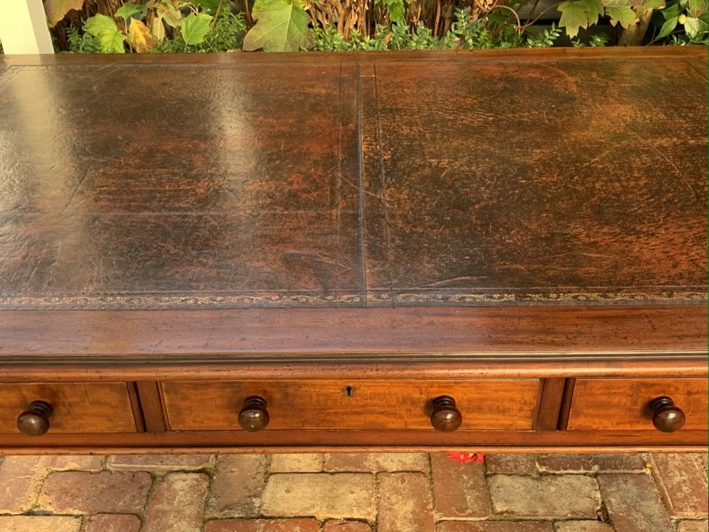 Antique mahogany writing table hand-coloured tooled leather top gilt border detail c.1860