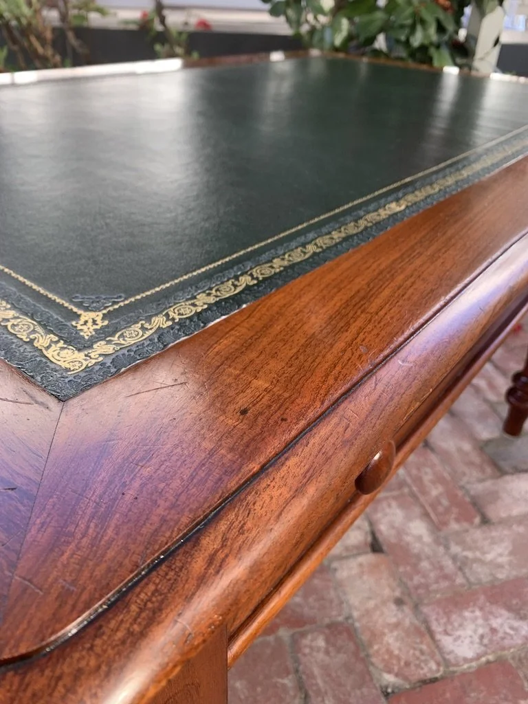 Detail of moulded canted corner and turned leg on antique cedar writing desk/table with tooled leather inset, Victorian c.1860-1880