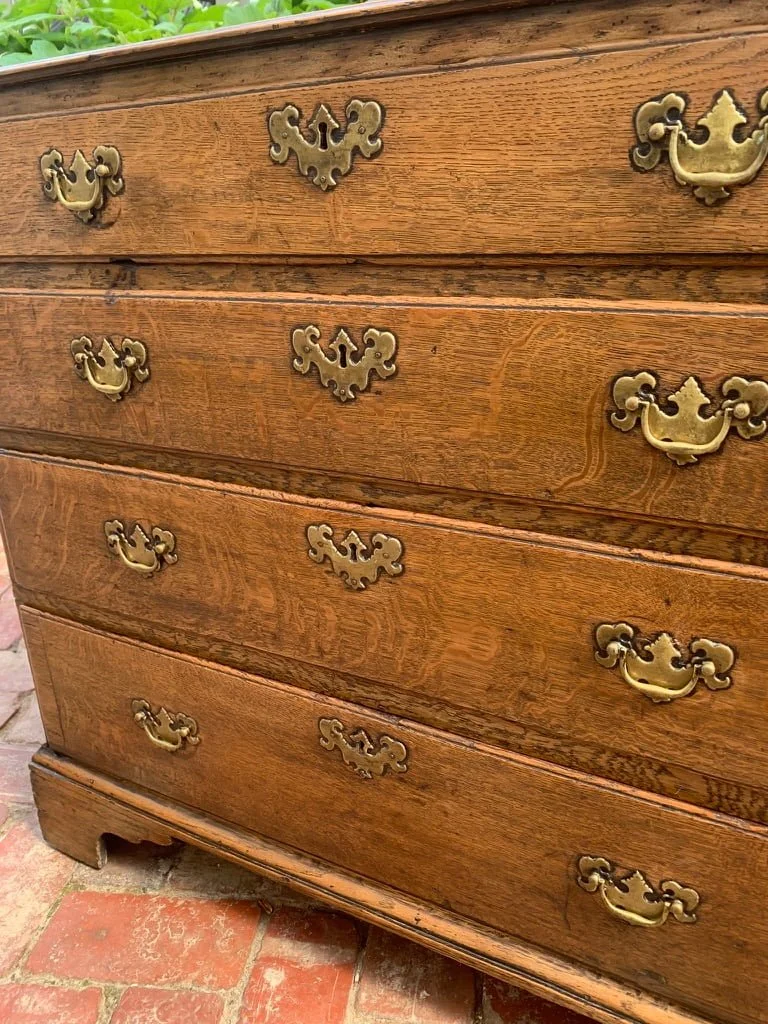 Original brass batwing handles, backplates and escutcheons, Georgian oak chest of drawers C.1770-1800, four drawer chest