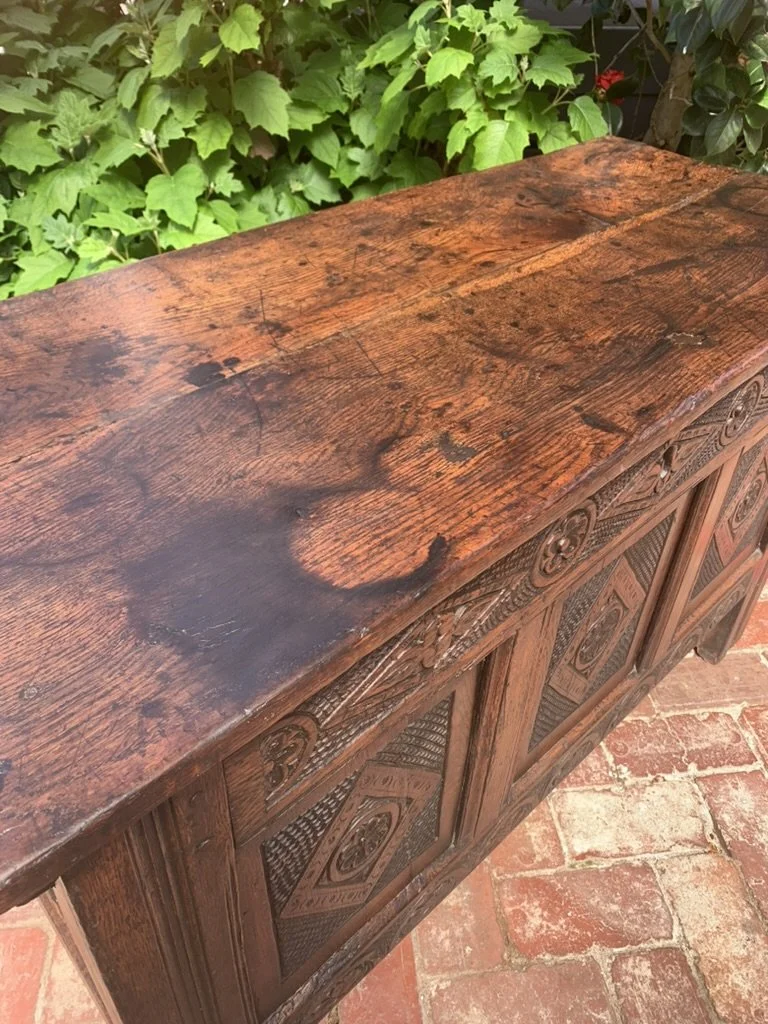 Early English Oak Coffer with Wooden Pivot Hinges, Plank Top, C.1680-1720 Joined Chest, Carved Lozenge Panels, North Country