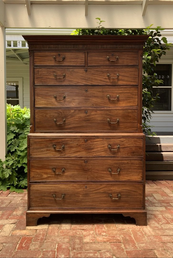 Antique mahogany chest on chest two-part construction, Georgian c.1780–1800, satinwood banded cornice