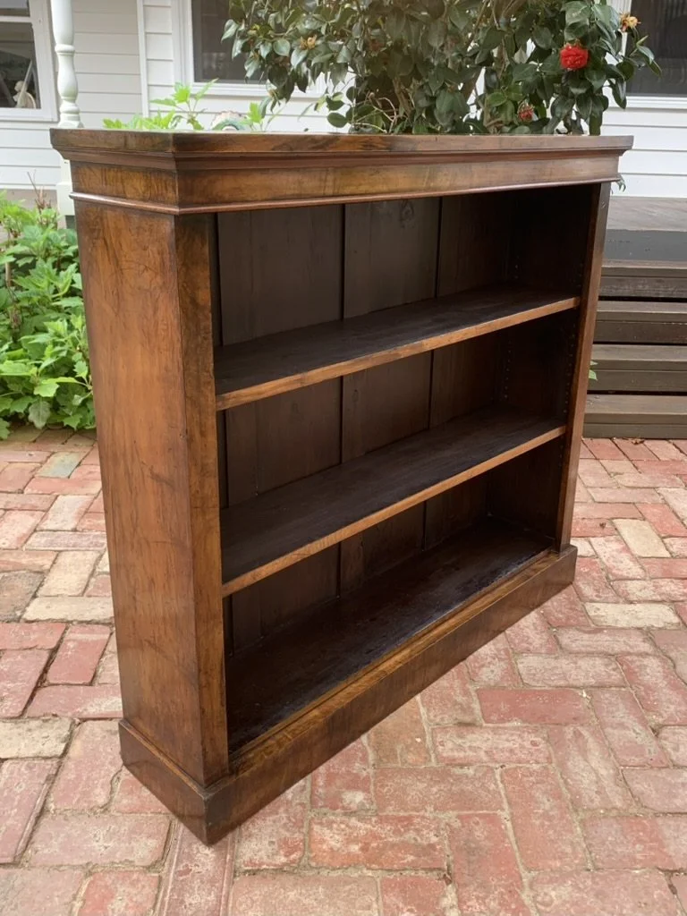 Victorian Figured Walnut Low Bookcase C.1870, Antique Open Bookcase with Boarded Back and Shelves, Shoolbred London