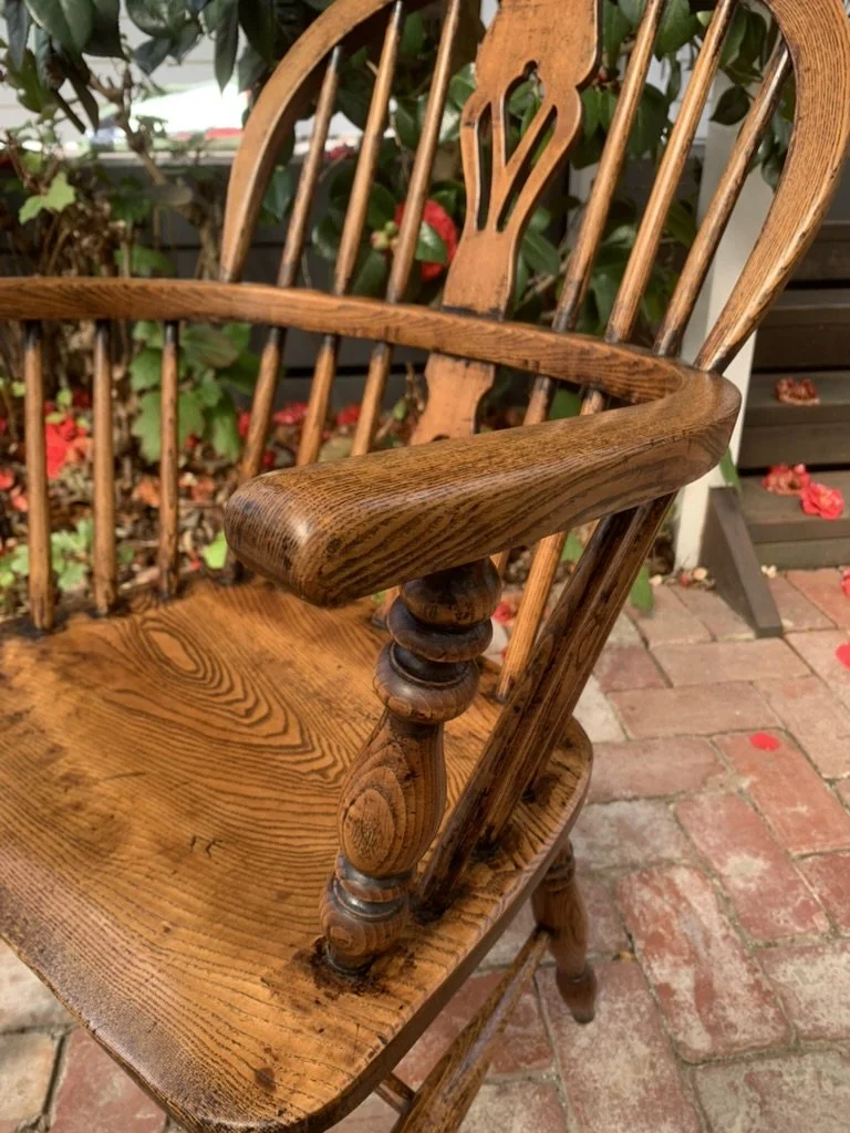 Antique Windsor armchair turned arm support elm ash baluster detail C.1850