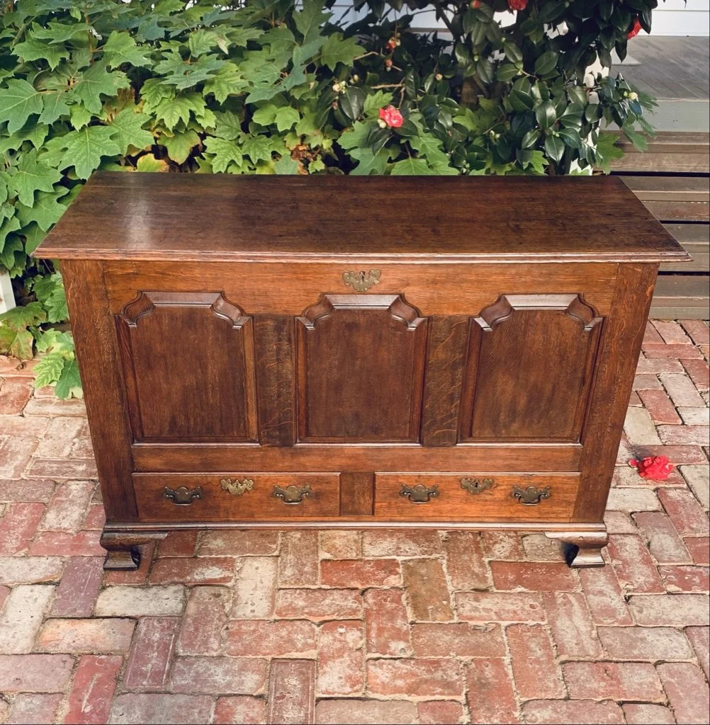 Antique Welsh oak mule chest two drawers swan-neck brass pulls late 18th century