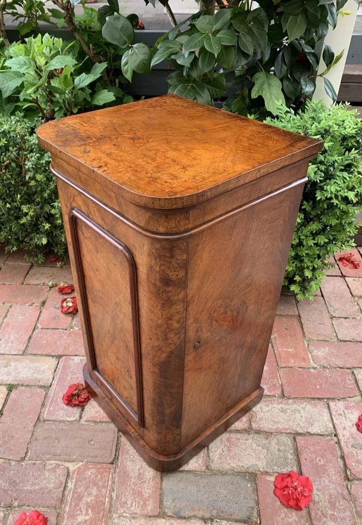 Antique English burr walnut bedside cabinet, Victorian pot cupboard with panelled door and moulded top