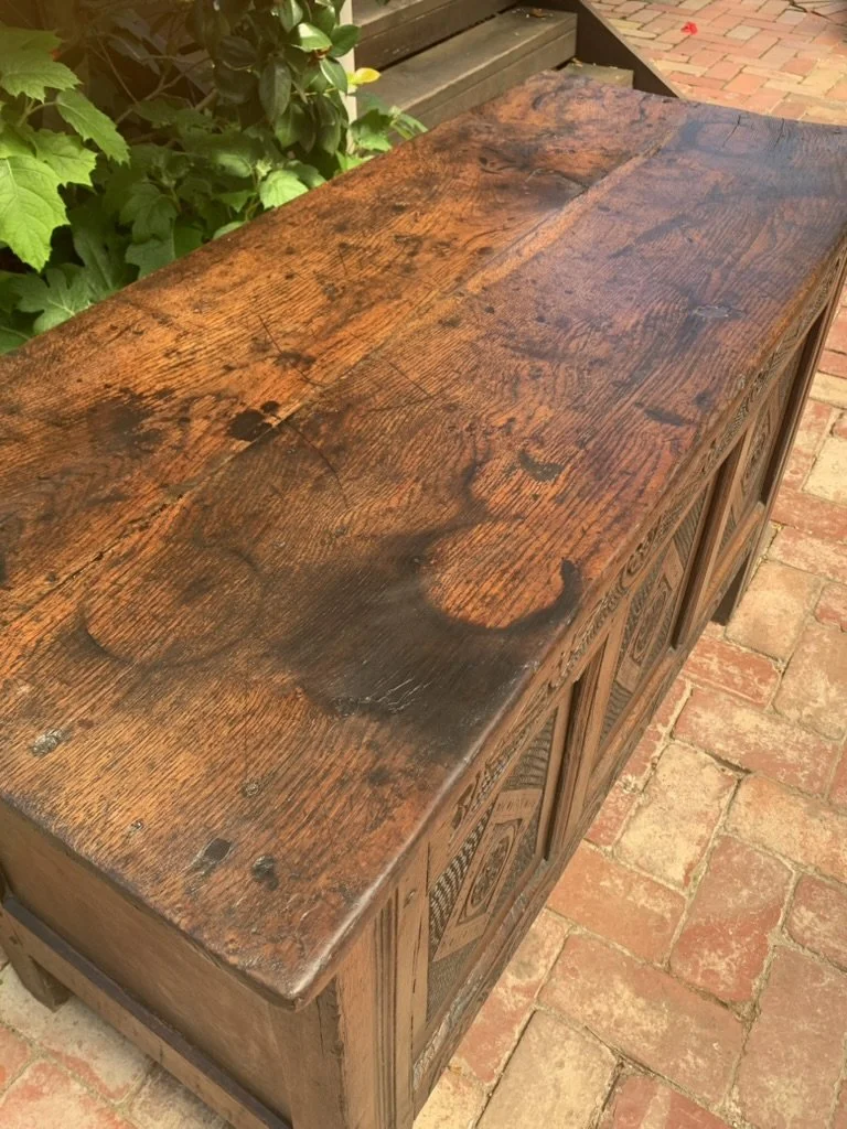 Antique Oak Coffer C.1680-1720, Late 17th to Early 18th Century Carved Oak Chest, Plank Top, Rich Colour, Northern English