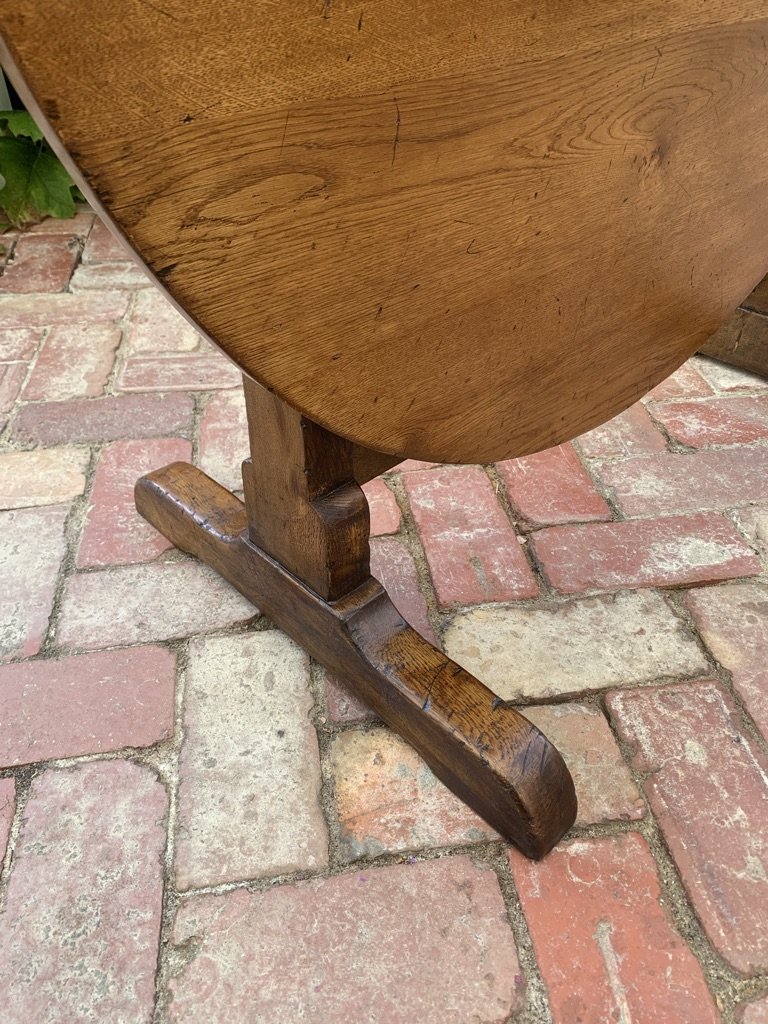 Detail vendange table trestle foot, French oak c.1930, tool marks and original surface wear