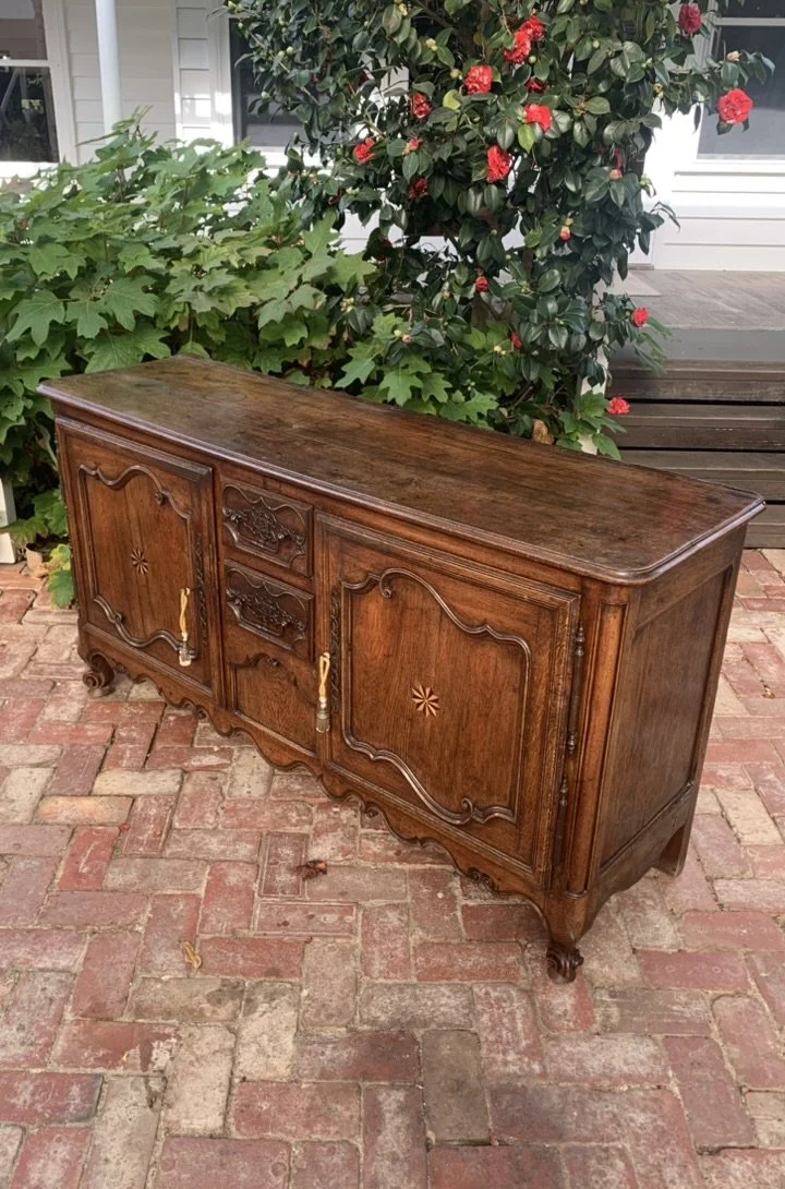 Antique French oak buffet dresser, 18th century Breton sideboard, angled overhead three-quarter view